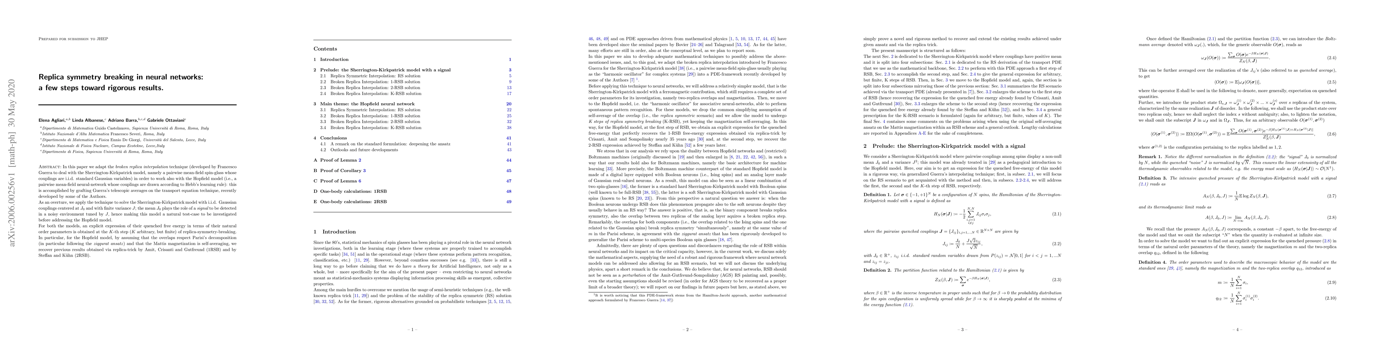 Thumbnail for Replica symmetry breaking in neural networks: a few steps toward
  rigorous results