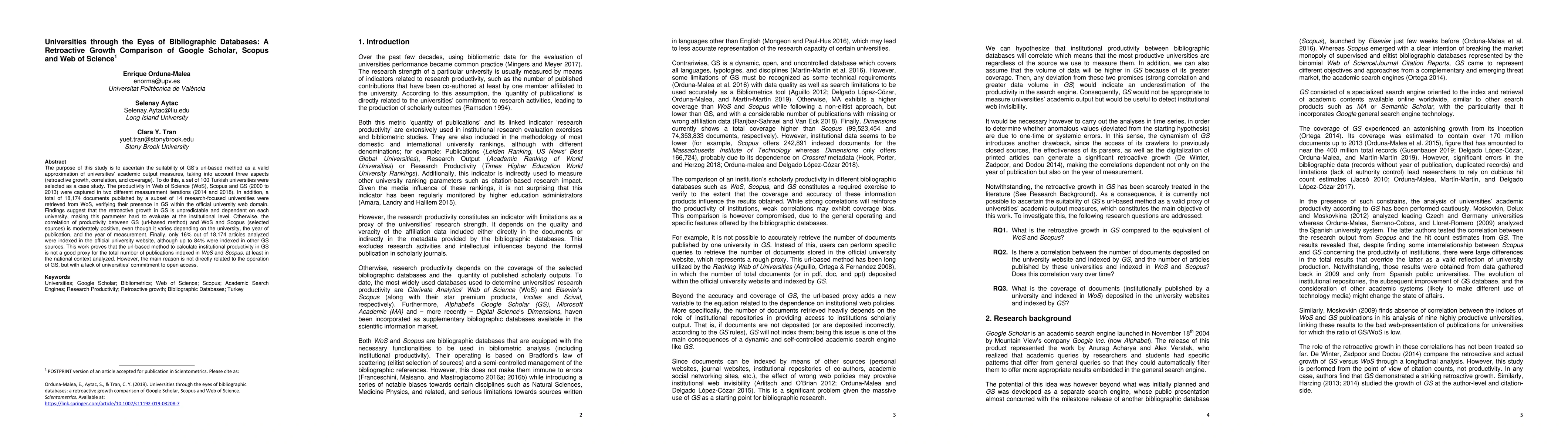 Thumbnail for Universities through the Eyes of Bibliographic Databases: A Retroactive
  Growth Comparison of Google Scholar, Scopus and Web of Science