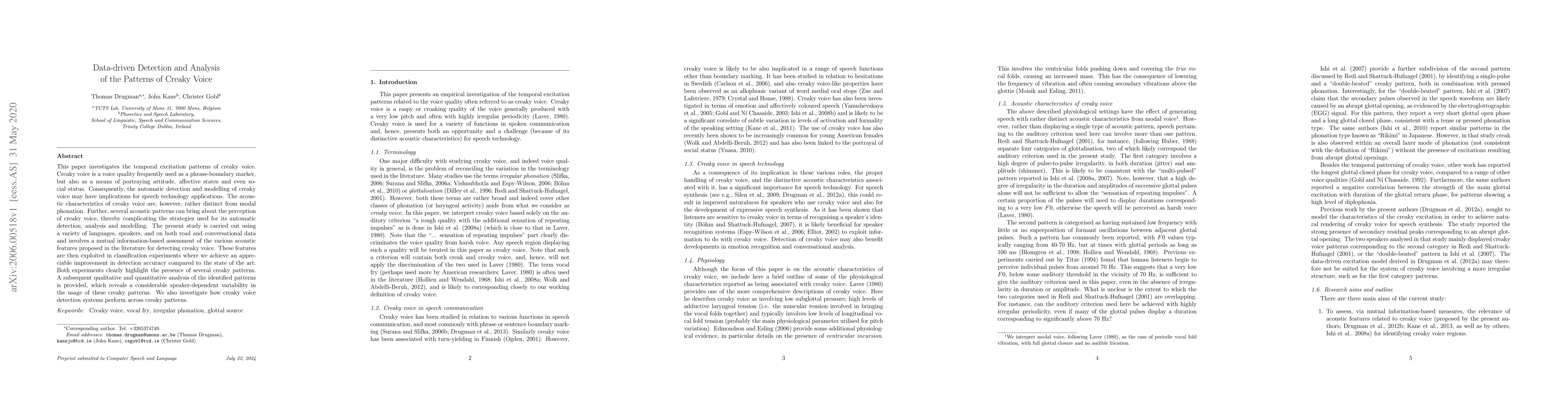 Thumbnail for Data-driven Detection and Analysis of the Patterns of Creaky Voice