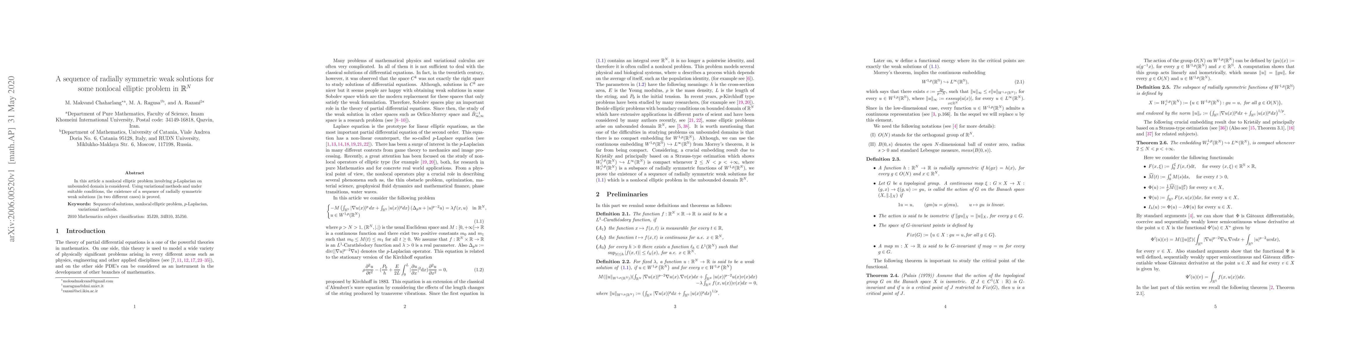 Thumbnail for Sequence of radially symmetric weak solutions for some nonlocal elliptic
  problem in $R^N$