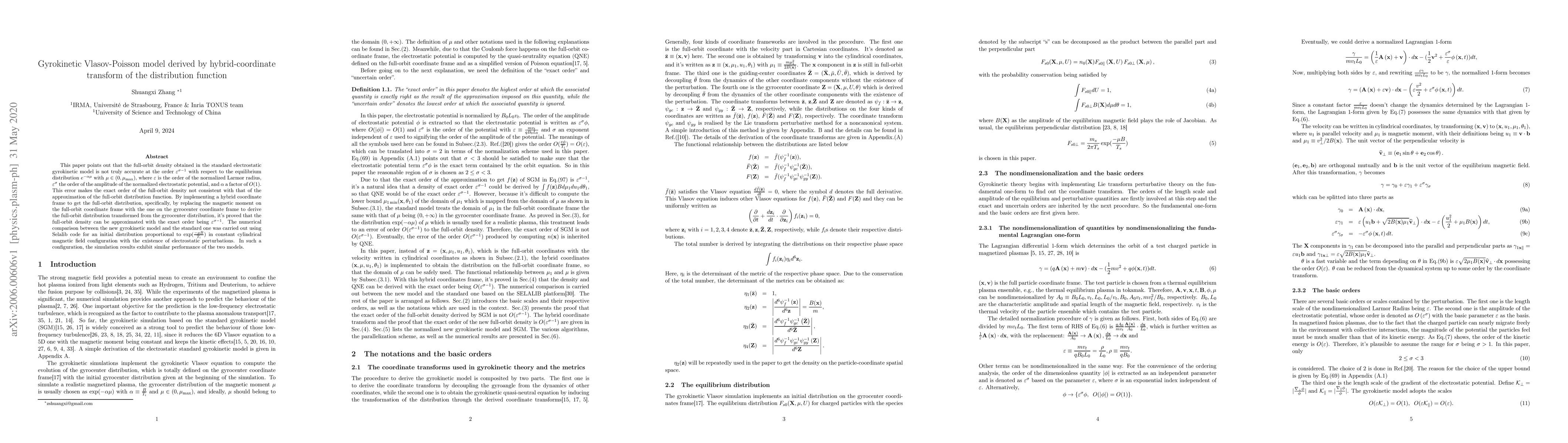 Thumbnail for Gyrokinetic Vlasov-Poisson model derived by hybrid-coordinate transform
  of the distribution function