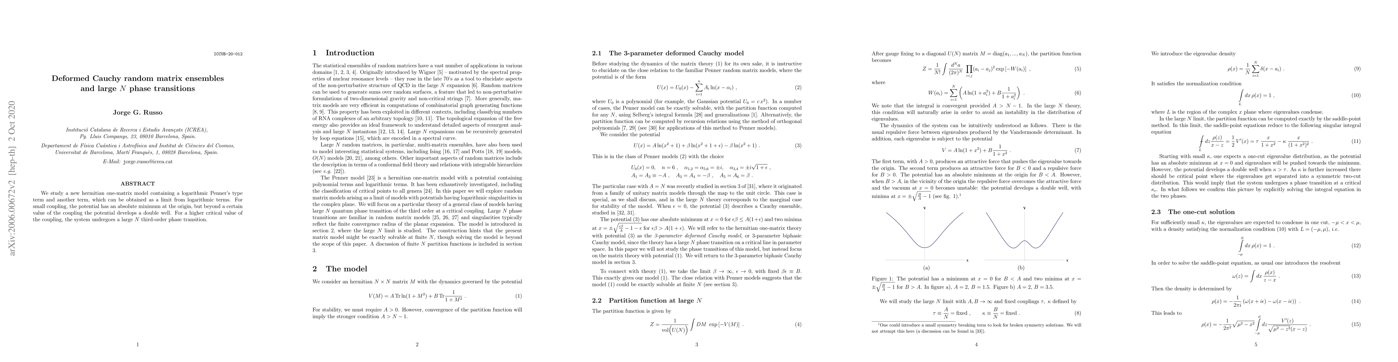 Thumbnail for Deformed Cauchy random matrix ensembles and large $N$ phase transitions