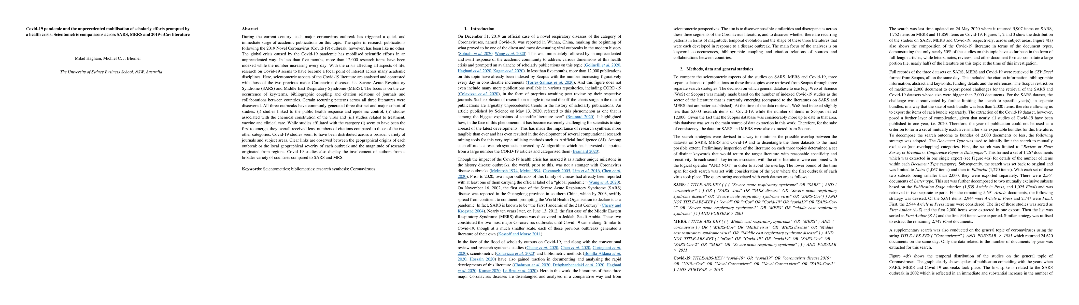 Thumbnail for Covid-19 pandemic and the unprecedented mobilisation of scholarly
  efforts prompted by a health crisis: Scientometric comparisons across SARS,
  MERS and 2019-nCov literature