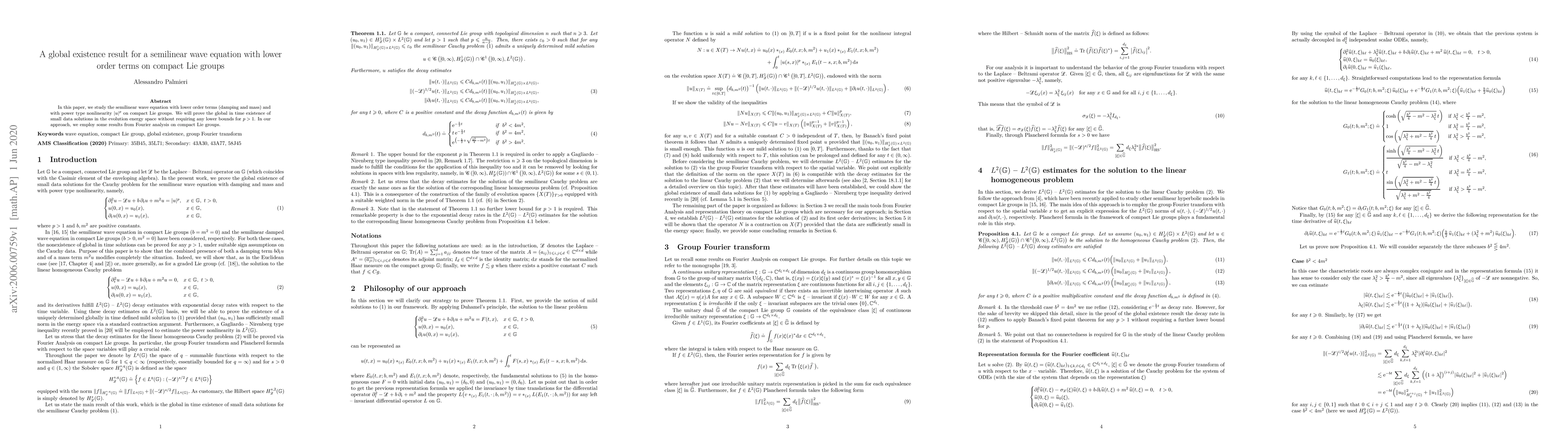Thumbnail for A global existence result for a semilinear wave equation with lower
  order terms on compact Lie groups