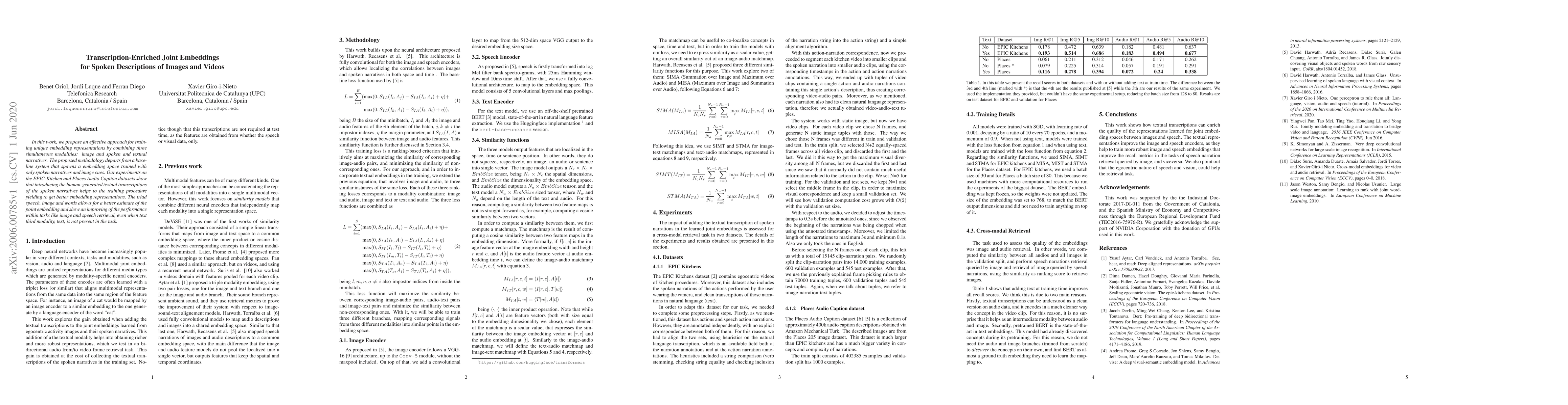 Thumbnail for Transcription-Enriched Joint Embeddings for Spoken Descriptions of
  Images and Videos