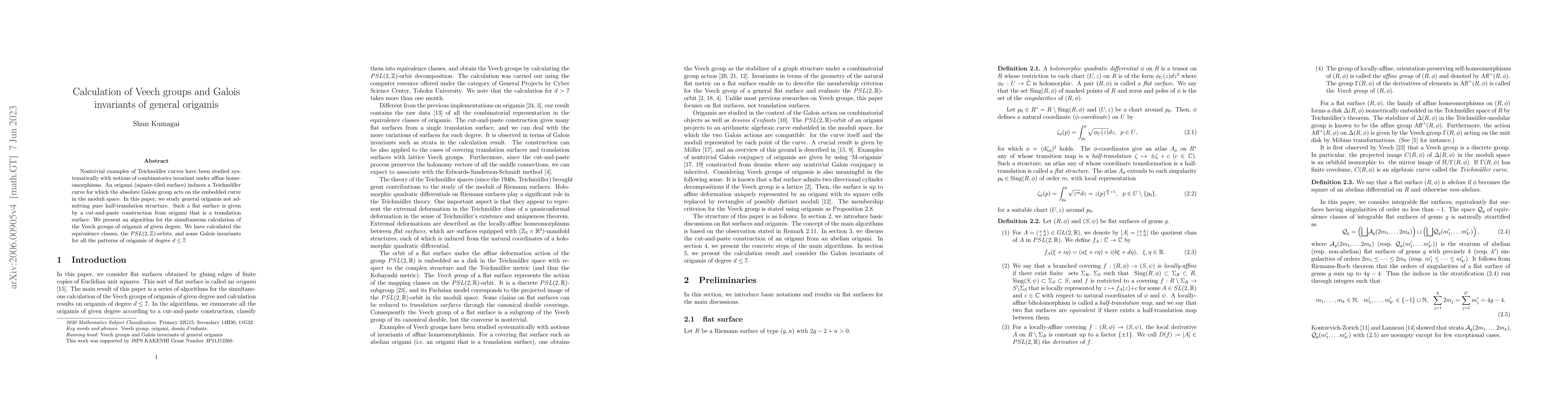 Thumbnail for Calculation of Veech groups and Galois invariants of general origamis