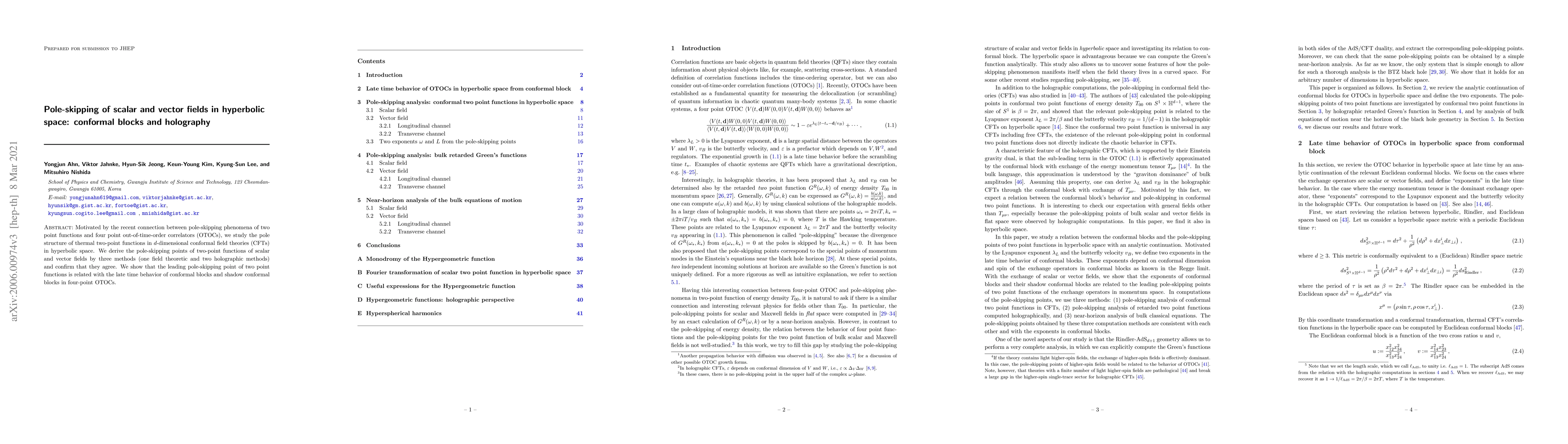 Thumbnail for Pole-skipping of scalar and vector fields in hyperbolic space: conformal
  blocks and holography