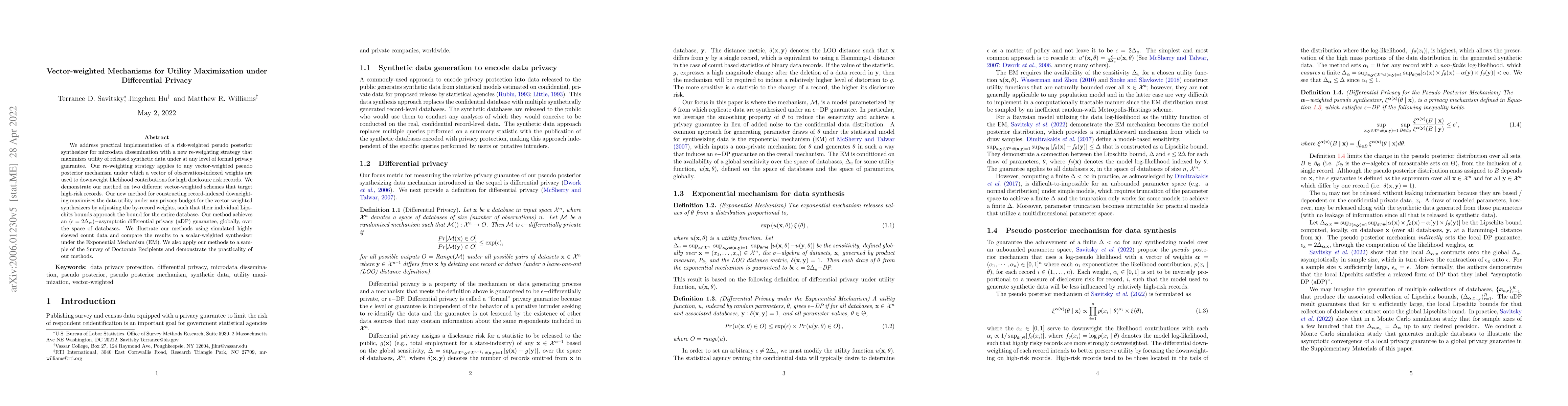 Thumbnail for Re-weighting of Vector-weighted Mechanisms for Utility Maximization
  under Differential Privacy