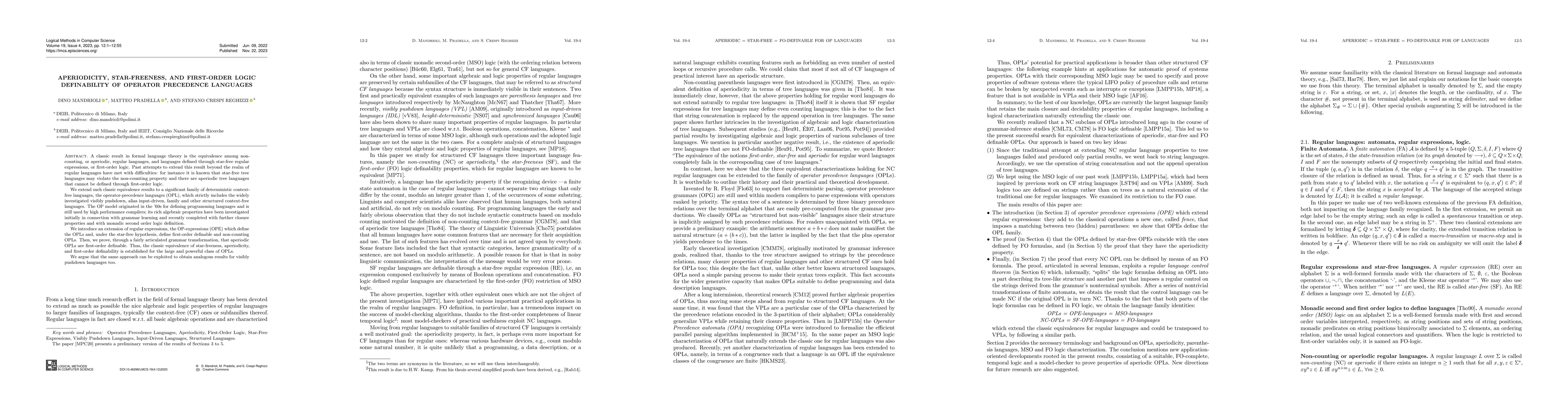 Thumbnail for Aperiodicity, Star-freeness, and First-order Logic Definability of
  Operator Precedence Languages