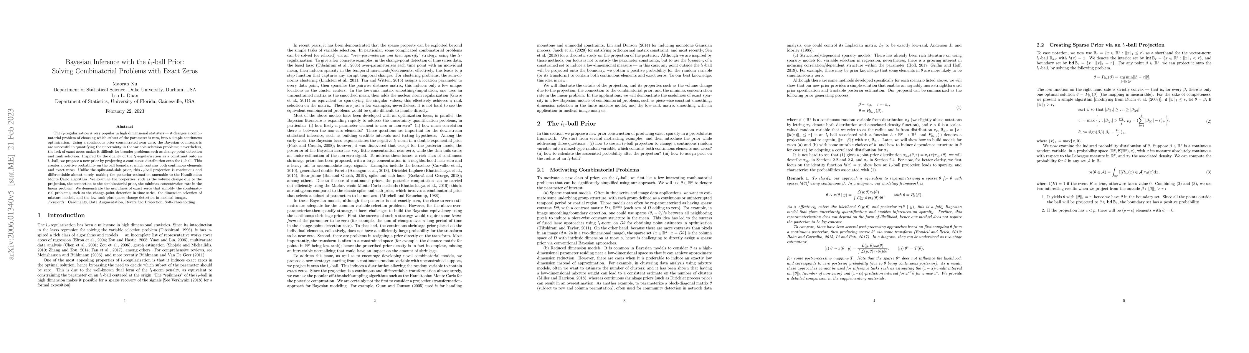 Thumbnail for Bayesian Inference with the l1-ball Prior: Solving Combinatorial
  Problems with Exact Zeros