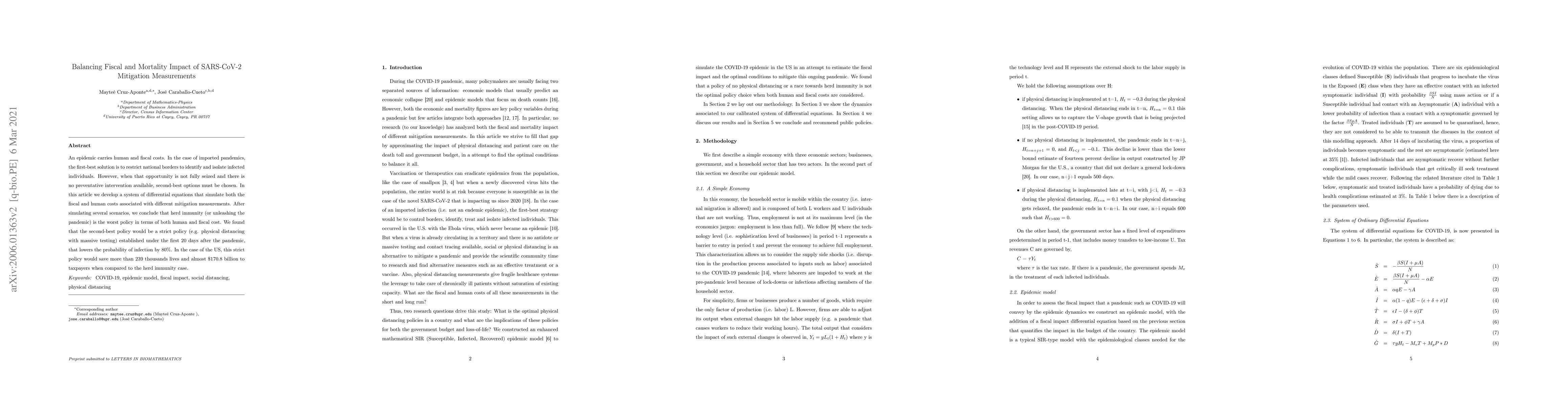 Thumbnail for Balancing Fiscal and Mortality Impact of SARS-CoV-2 Mitigation
  Measurements