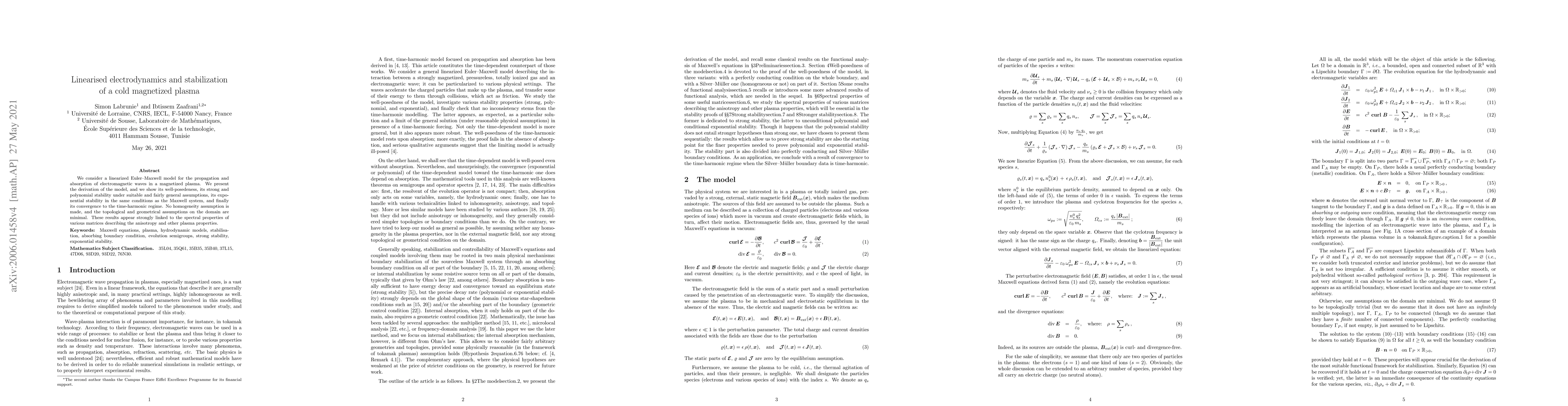 Thumbnail for Linearised electrodynamics and stabilisation of a cold magnetised plasma