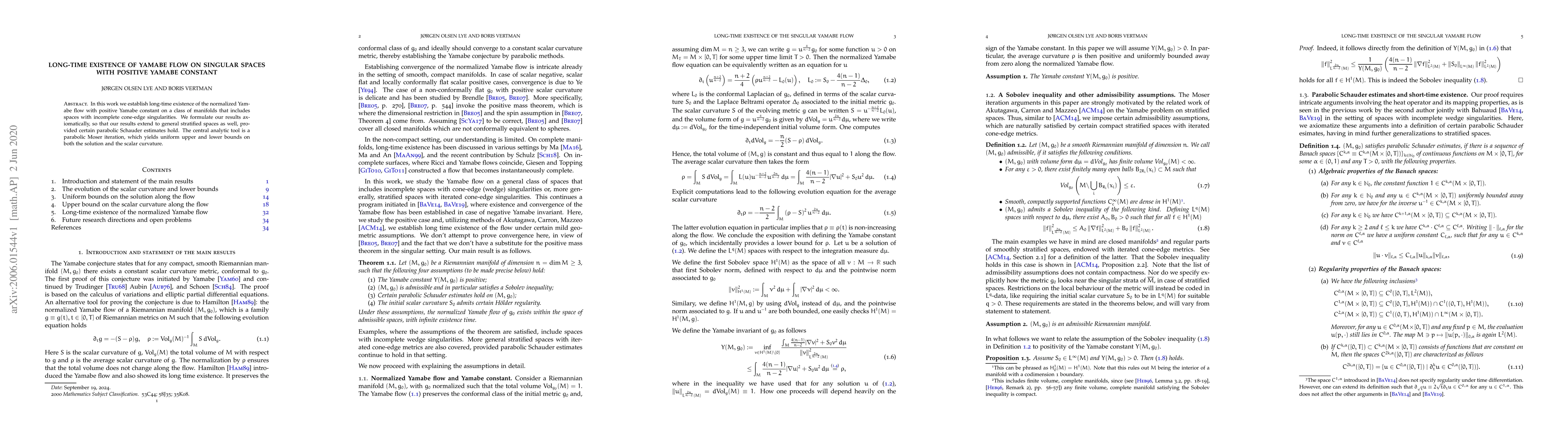 Thumbnail for Long-time existence of Yamabe flow on singular spaces with positive
  Yamabe constant