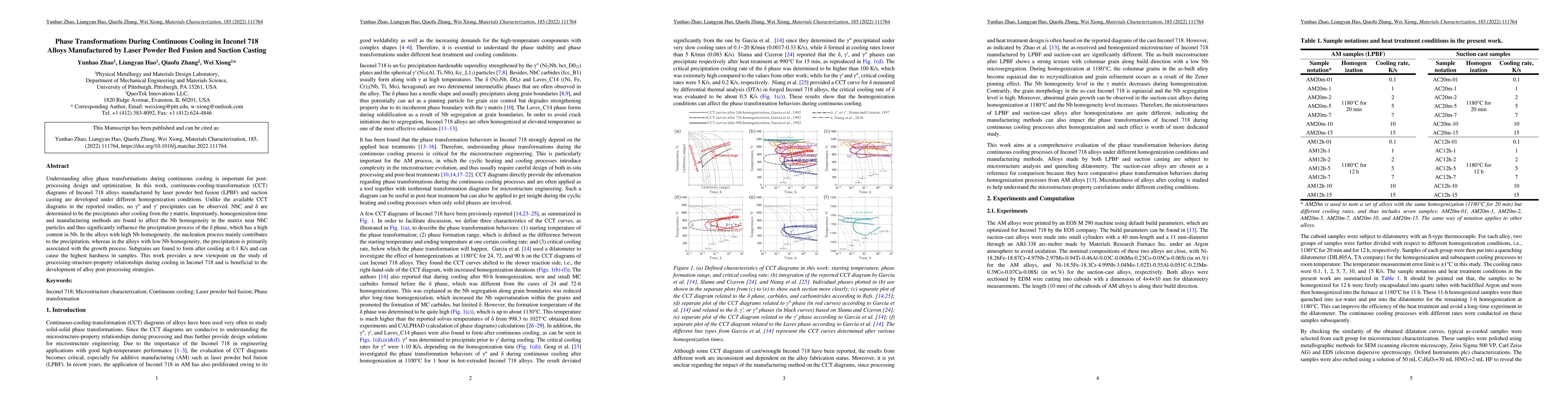 Thumbnail for Phase Transformations During Continuous Cooling in Inconel 718 Alloys
  Manufactured by Laser Powder Bed Fusion and Suction Casting