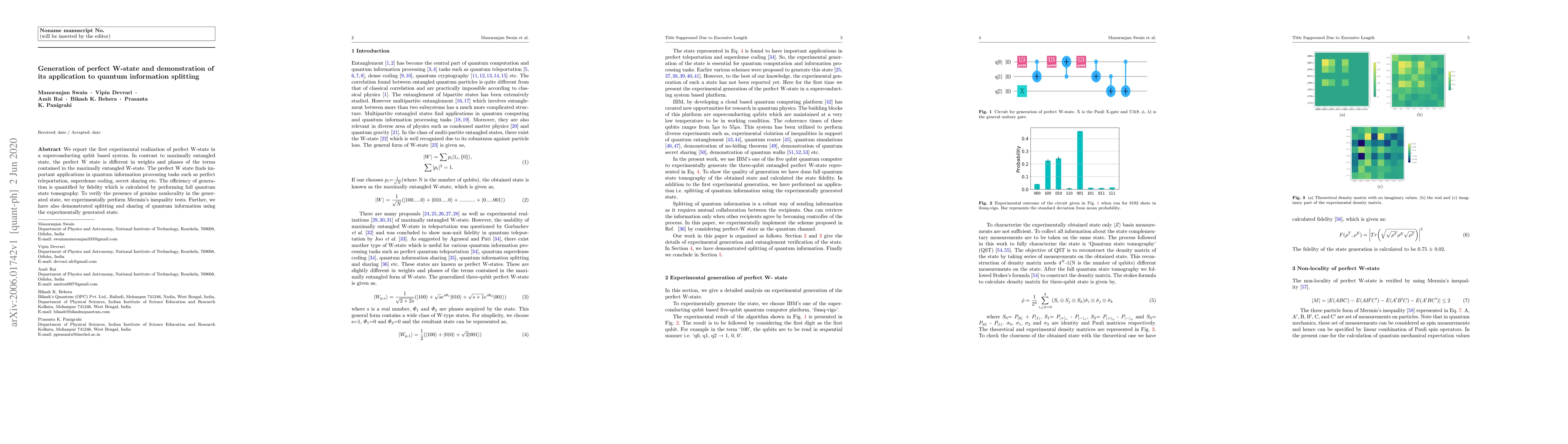 Thumbnail for Generation of perfect W-state and demonstration of its application to
  quantum information splitting
