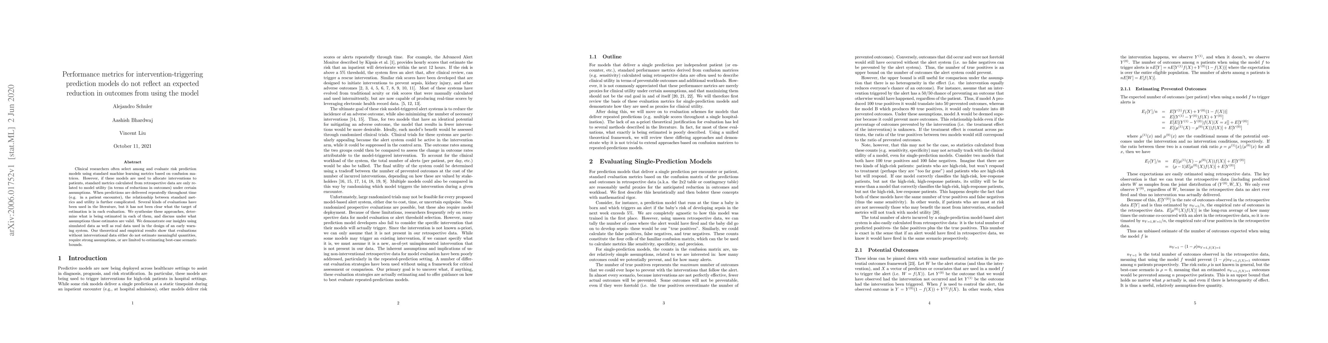 Thumbnail for Performance metrics for intervention-triggering prediction models do not
  reflect an expected reduction in outcomes from using the model