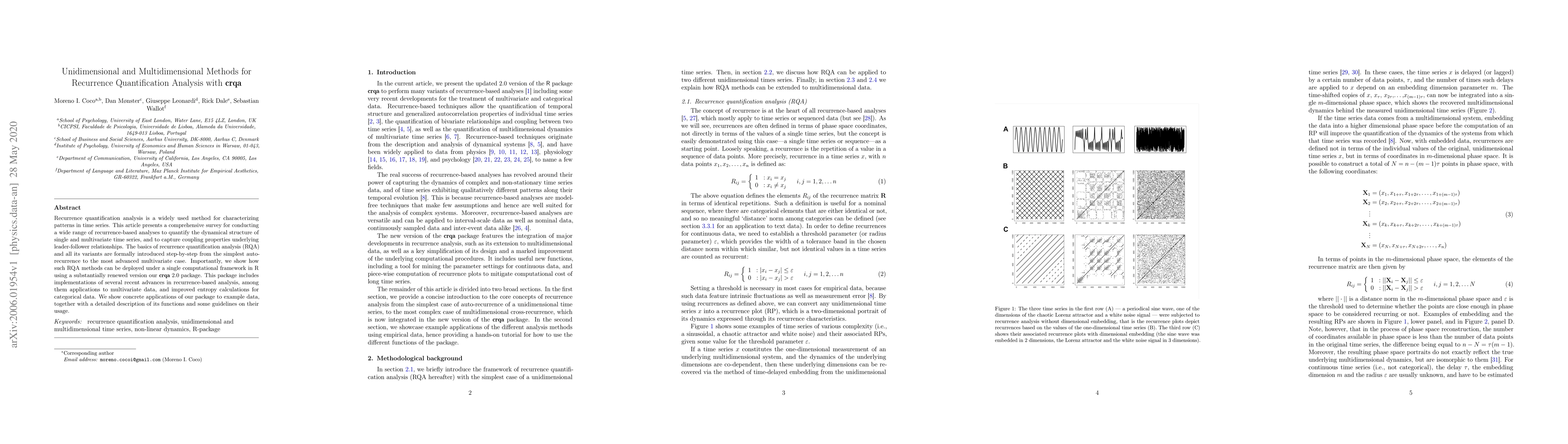 Thumbnail for Unidimensional and Multidimensional Methods for Recurrence
  Quantification Analysis with crqa