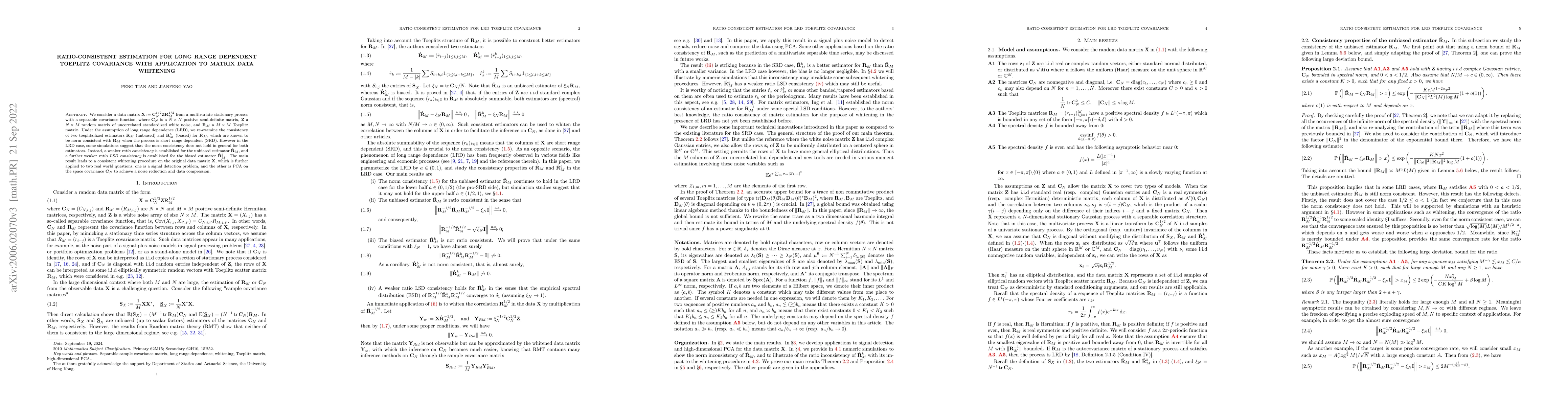 Thumbnail for Ratio-consistent estimation for long range dependent Toeplitz covariance
  with application to matrix data whitening
