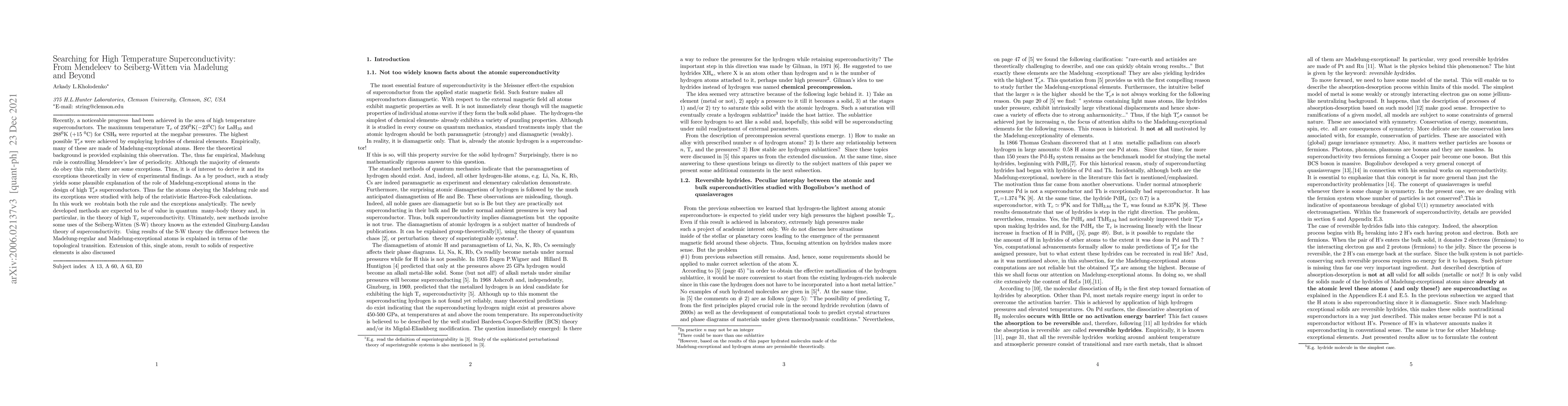 Thumbnail for Searching for high temperature superconductivity: From Mendeleev to
  Seiberg-Witten via Madelung and beyond