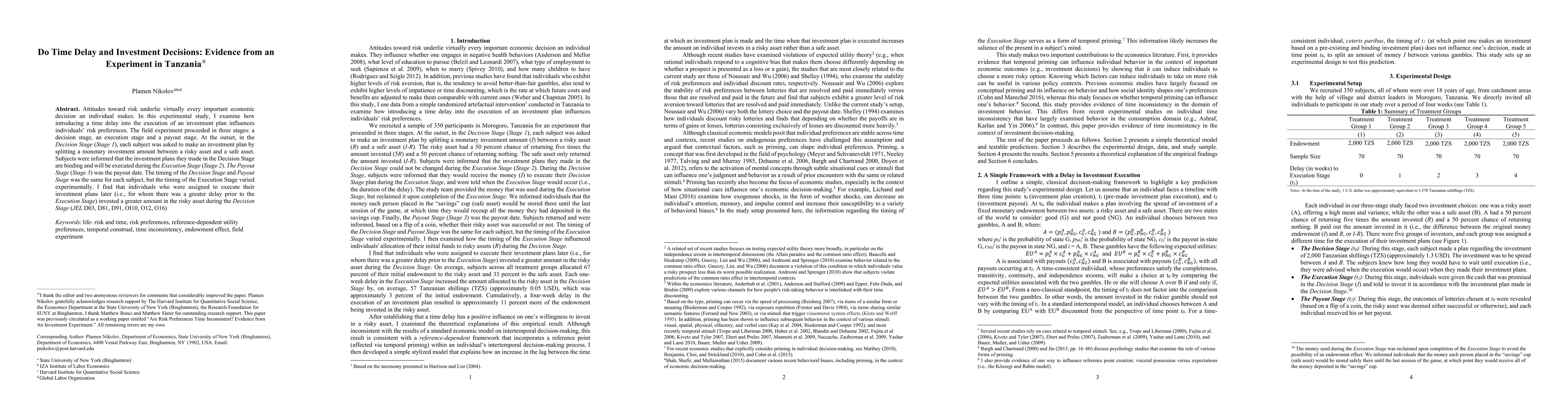 Thumbnail for Time Delay and Investment Decisions: Evidence from an Experiment in
  Tanzania