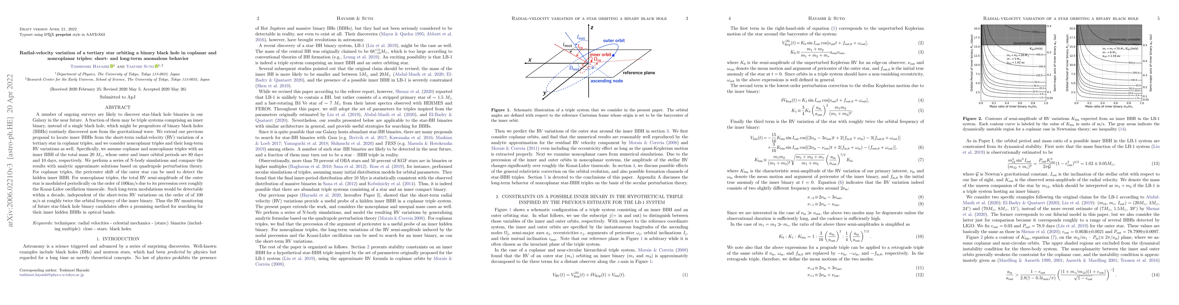 Thumbnail for Radial-velocity variation of a tertiary star orbiting a binary black
  hole in coplanar and non-coplanar triples: short- and long-term anomalous
  behavior