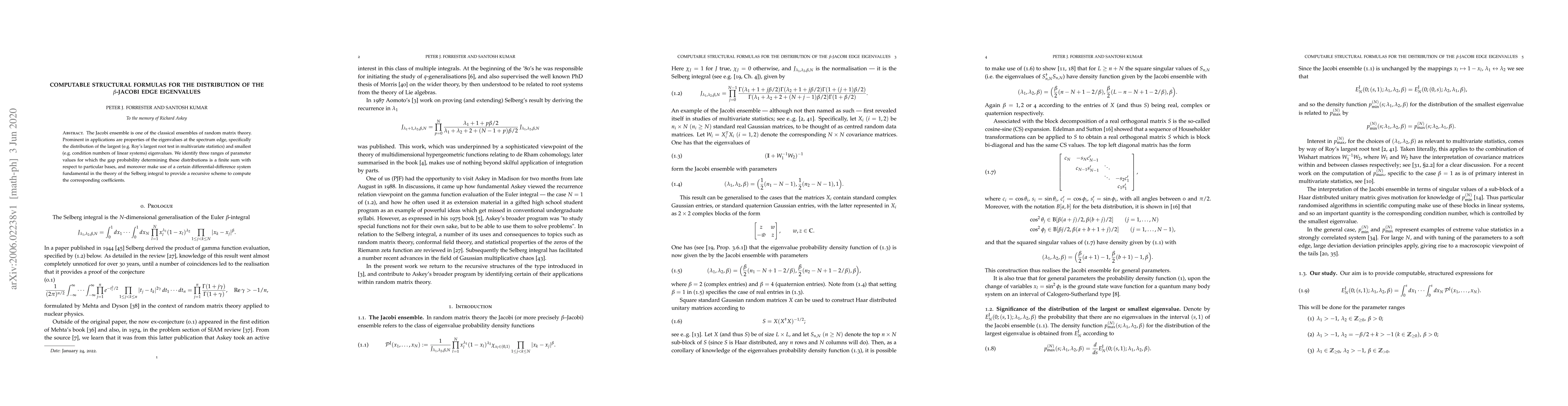 Thumbnail for Computable structural formulas for the distribution of the
  $\beta$-Jacobi edge eigenvalues