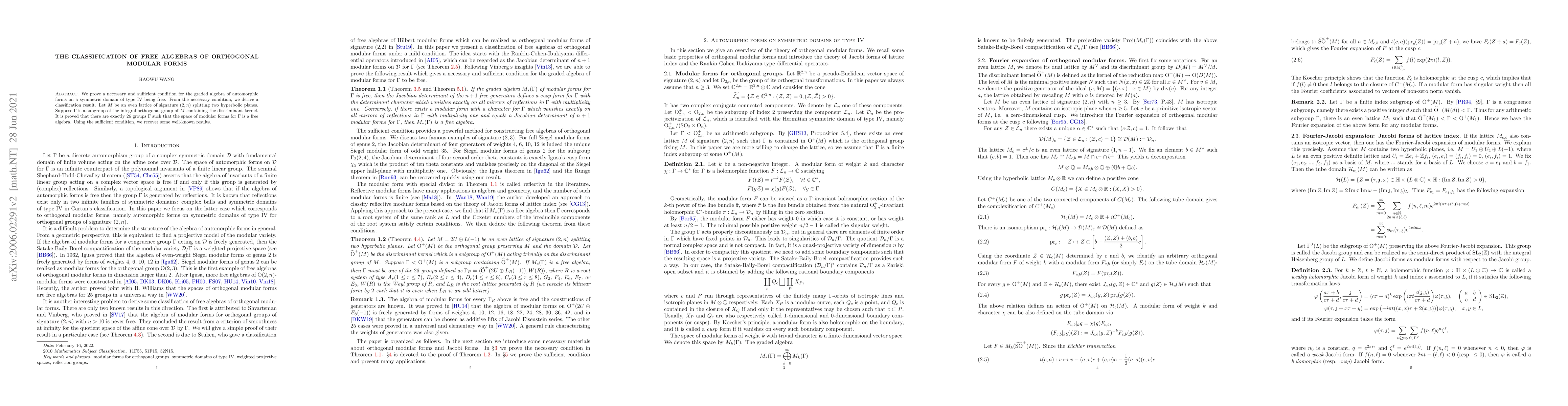 Thumbnail for The classification of free algebras of orthogonal modular forms