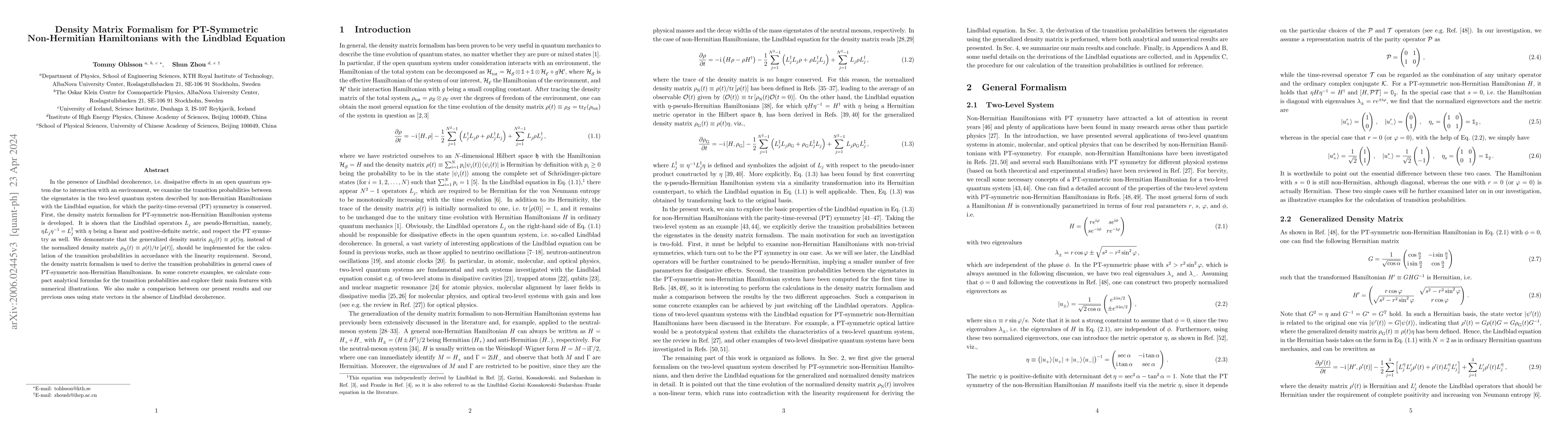 Thumbnail for Density Matrix Formalism for PT-Symmetric Non-Hermitian Hamiltonians
  with the Lindblad Equation