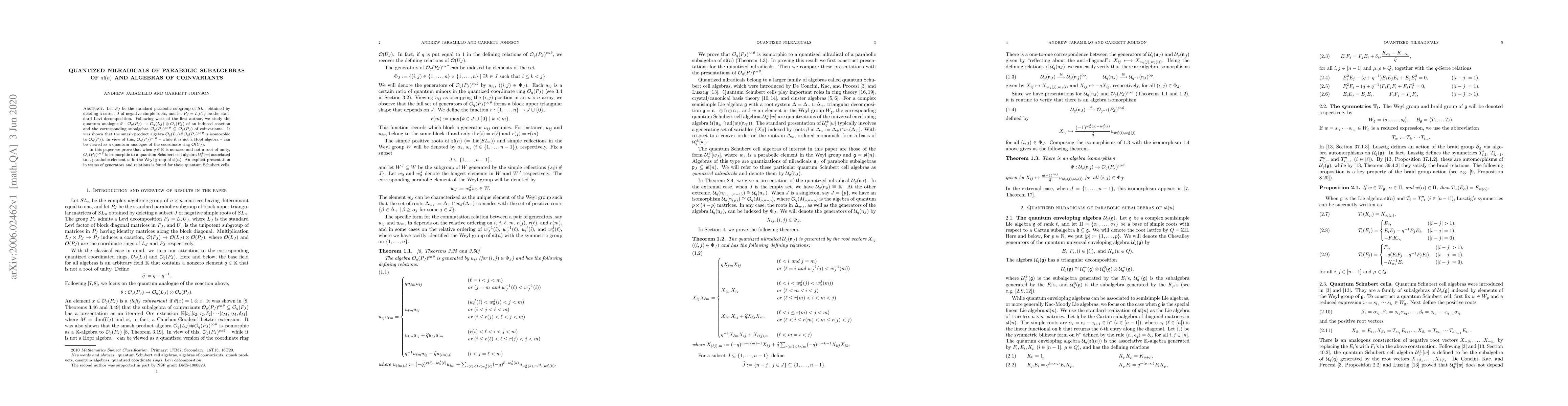 Thumbnail for Quantized nilradicals of parabolic subalgebras of $\mathfrak{sl}(n)$ and
  algebras of coinvariants