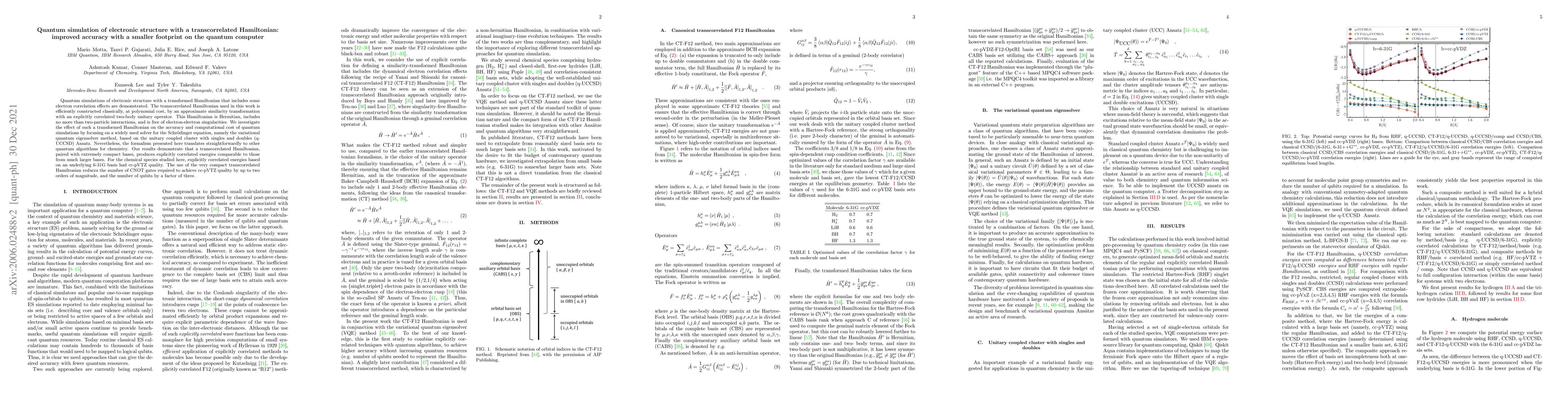 Thumbnail for Quantum simulation of electronic structure with a transcorrelated
  Hamiltonian: improved accuracy with a smaller footprint on the quantum
  computer