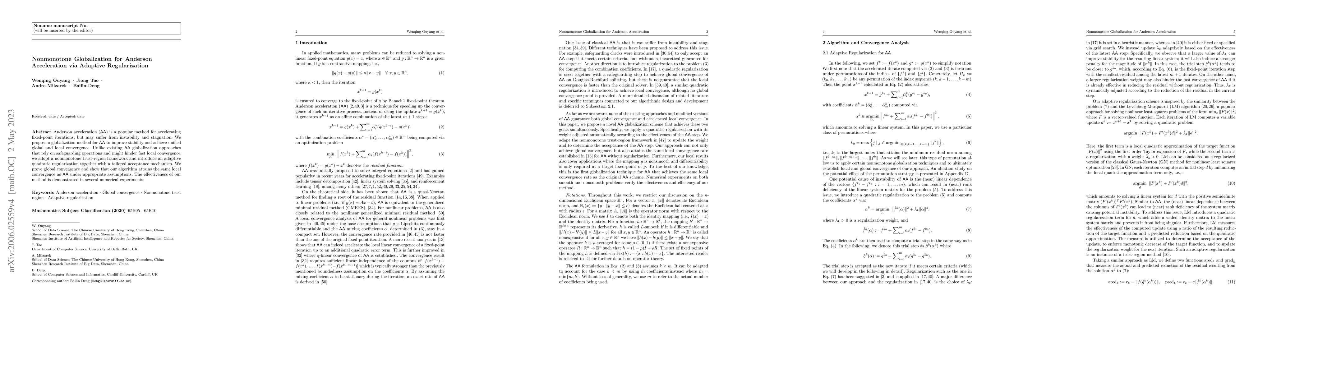 Thumbnail for Nonmonotone Globalization for Anderson Acceleration via Adaptive
  Regularization