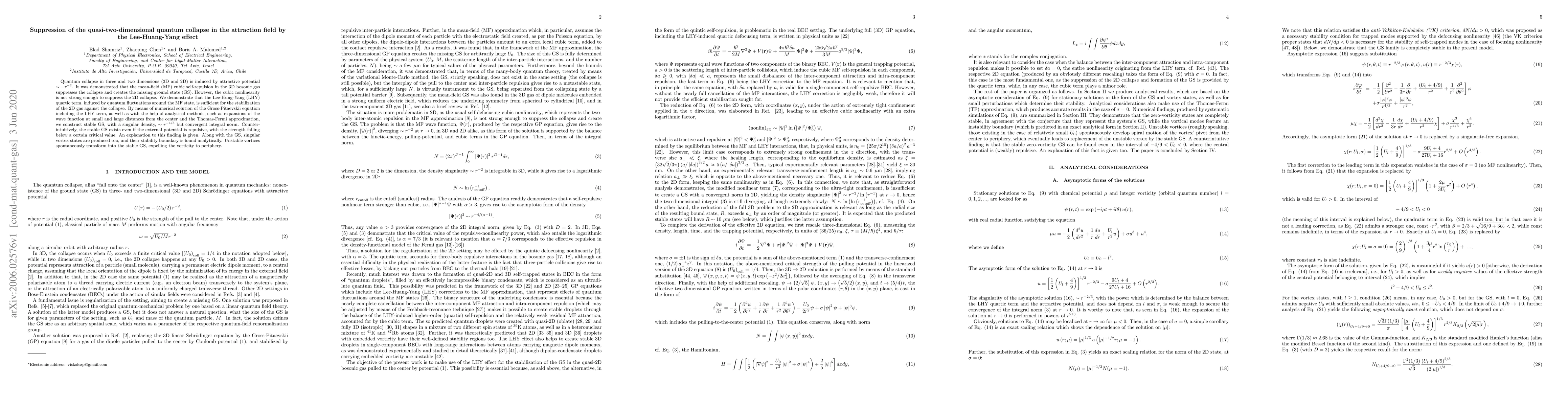 Thumbnail for Suppression of the quasi-two-dimensional quantum collapse in the
  attraction field by the Lee-Huang-Yang effect