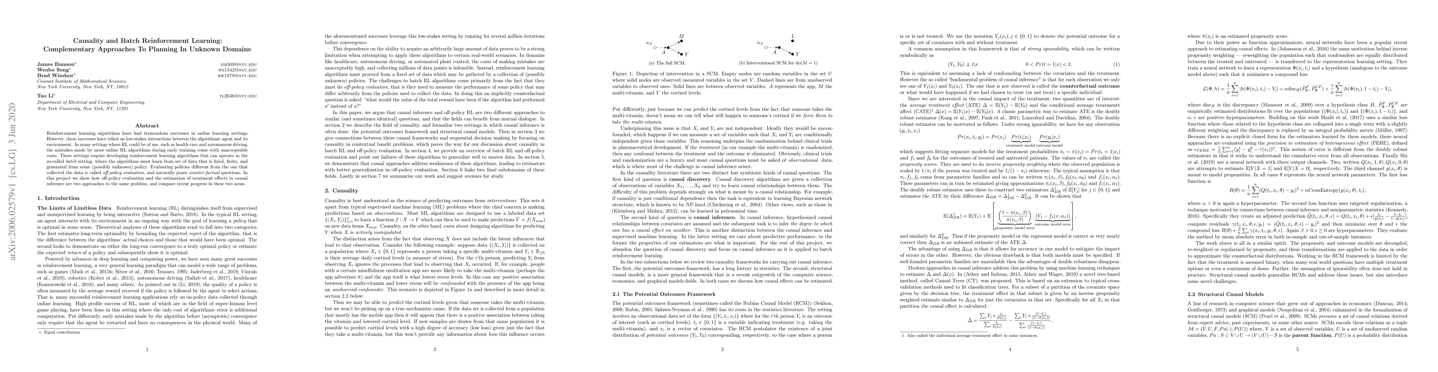 Thumbnail for Causality and Batch Reinforcement Learning: Complementary Approaches To
  Planning In Unknown Domains