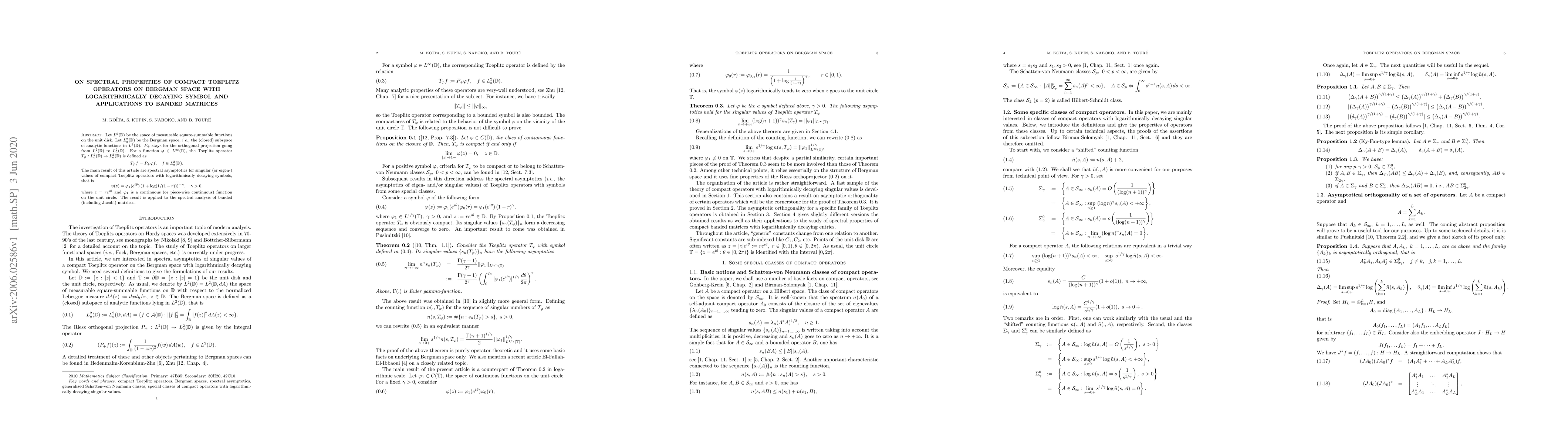 Thumbnail for On spectral properties of compact Toeplitz operators on Bergman space
  with logarithmically decaying symbol and applications to banded matrices
