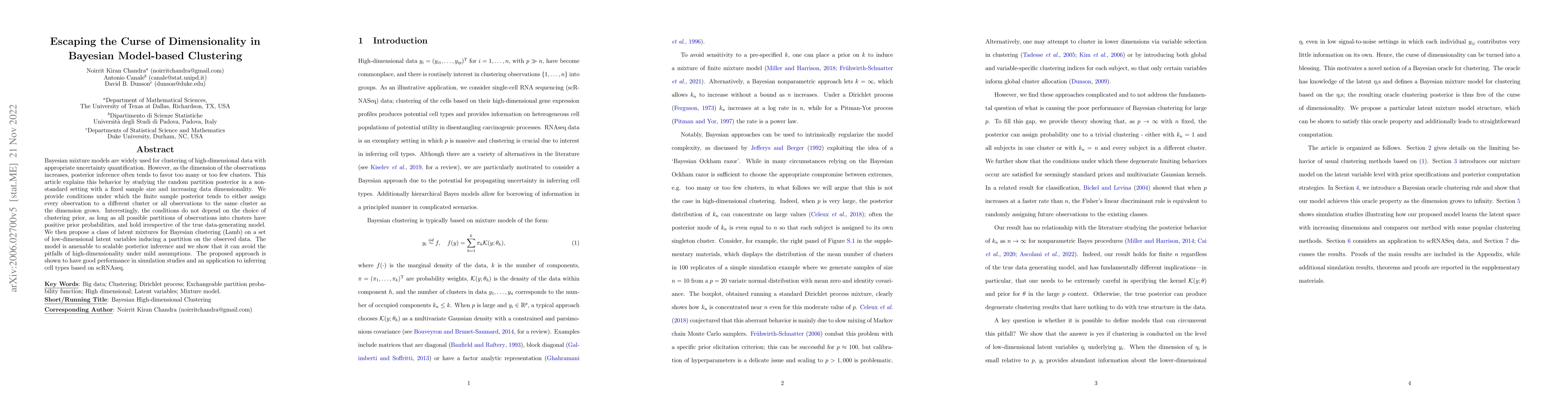 Thumbnail for Escaping the curse of dimensionality in Bayesian model based clustering