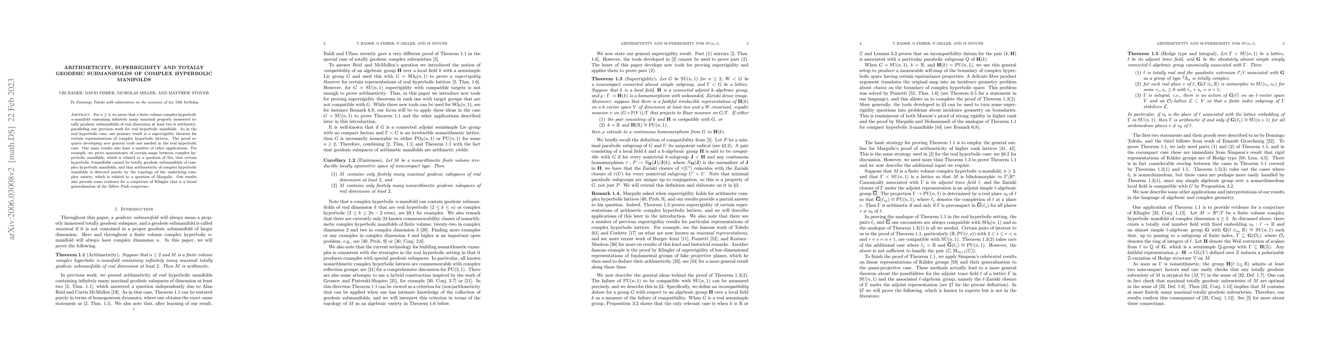 Thumbnail for Arithmeticity, superrigidity and totally geodesic submanifolds of
  complex hyperbolic manifolds