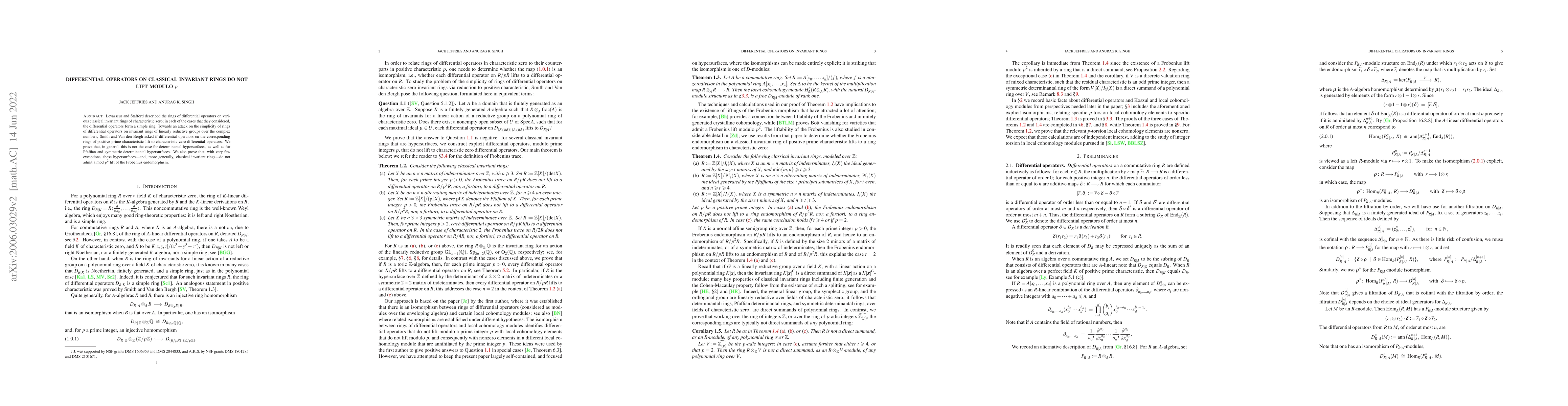 Thumbnail for Differential operators on classical invariant rings do not lift modulo
  $p$