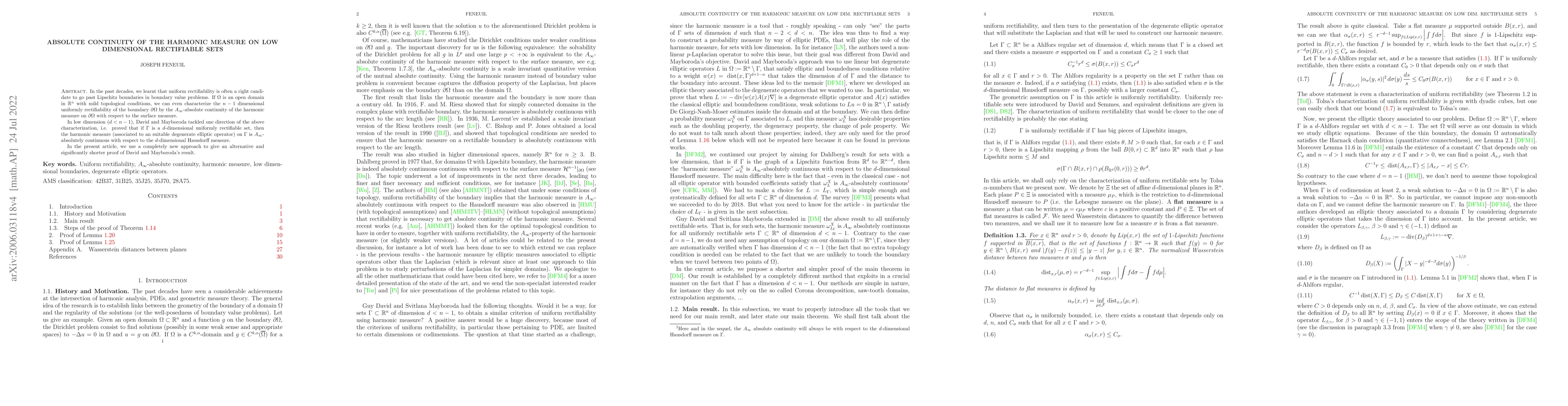 Thumbnail for Absolute continuity of the harmonic measure on low dimensional
  rectifiable sets