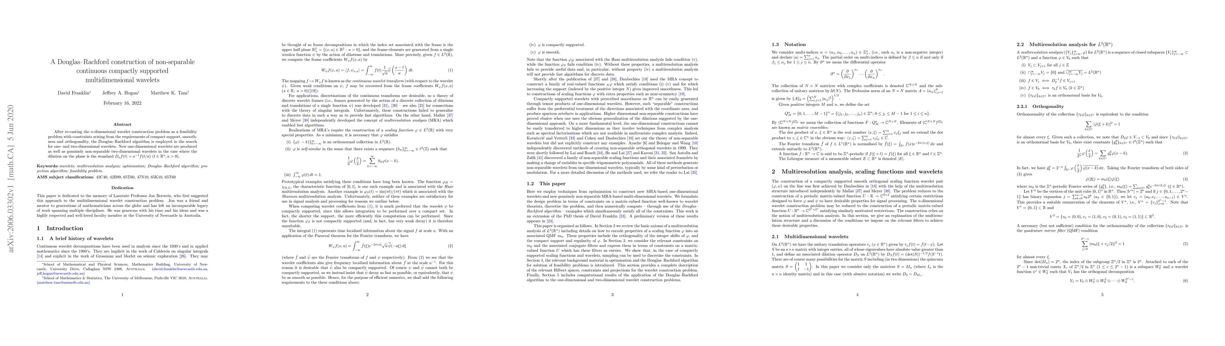 Thumbnail for A Douglas-Rachford construction of non-separable continuous compactly
  supported multidimensional wavelets