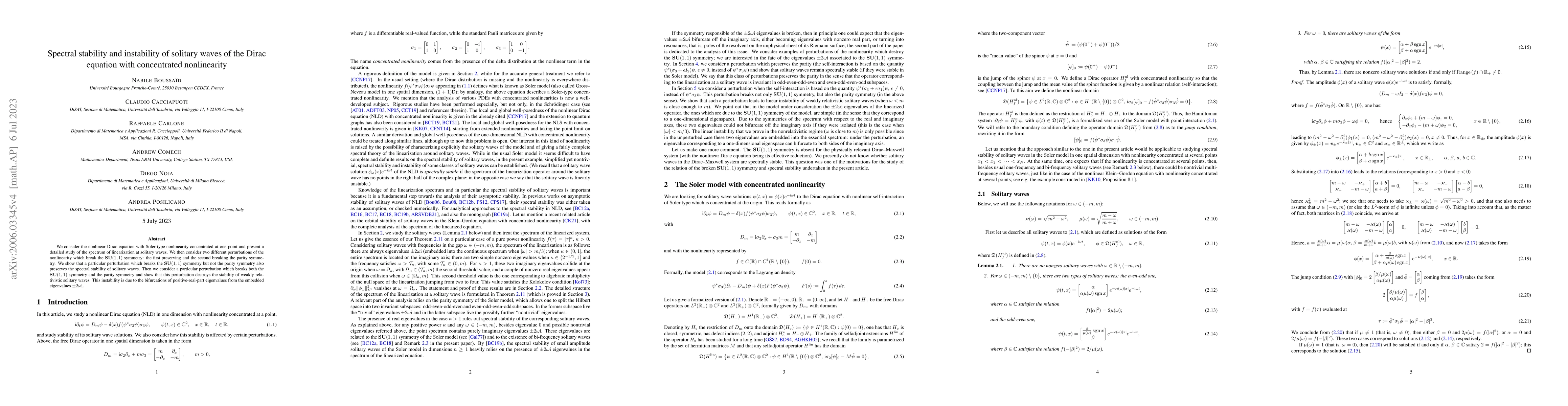 Thumbnail for Spectral stability and instability of solitary waves of the Dirac
  equation with concentrated nonlinearity