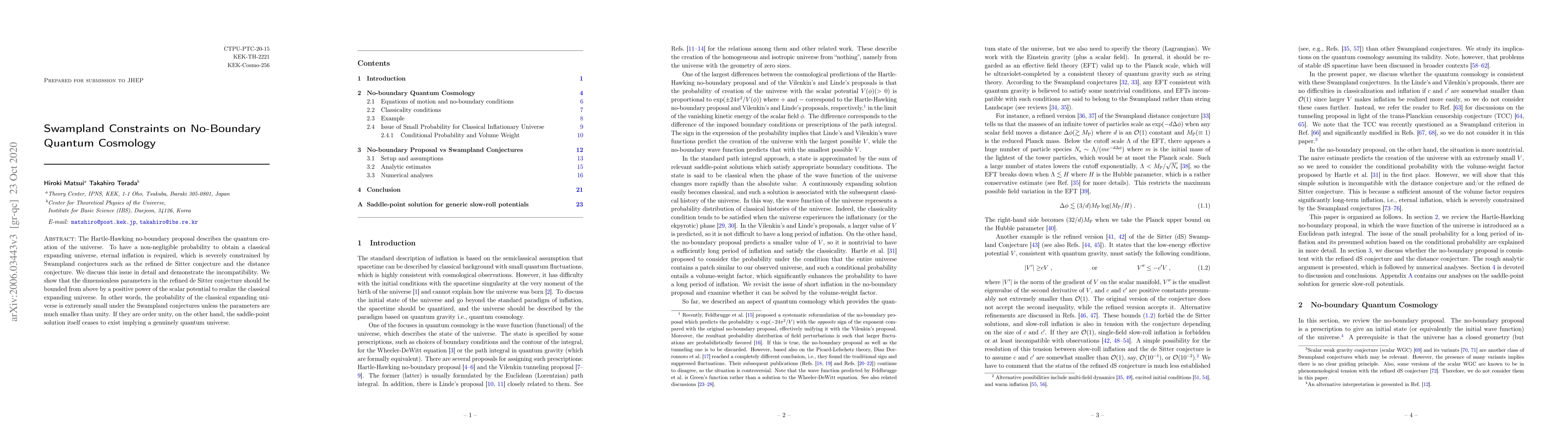 Thumbnail for Swampland Constraints on No-Boundary Quantum Cosmology