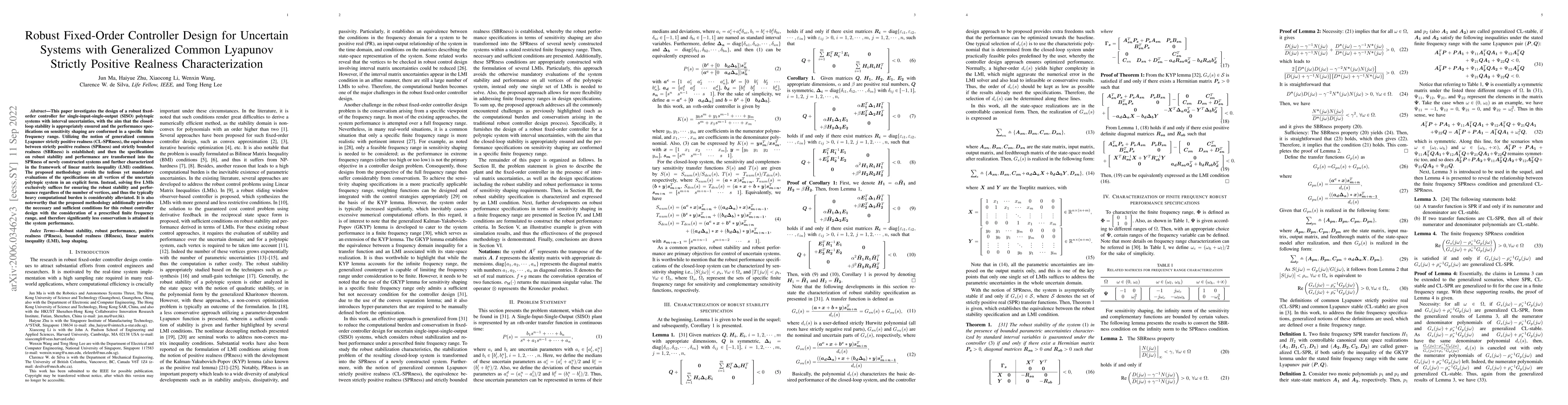 Thumbnail for Robust Fixed-Order Controller Design for Uncertain Systems with
  Generalized Common Lyapunov Strictly Positive Realness Characterization