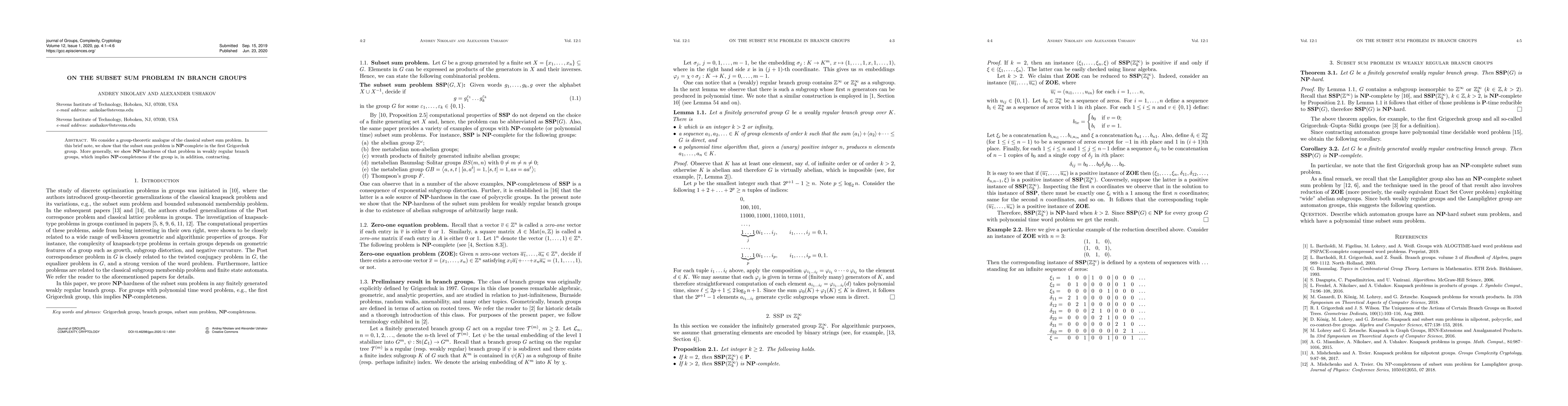 Thumbnail for On subset sum problem in branch groups