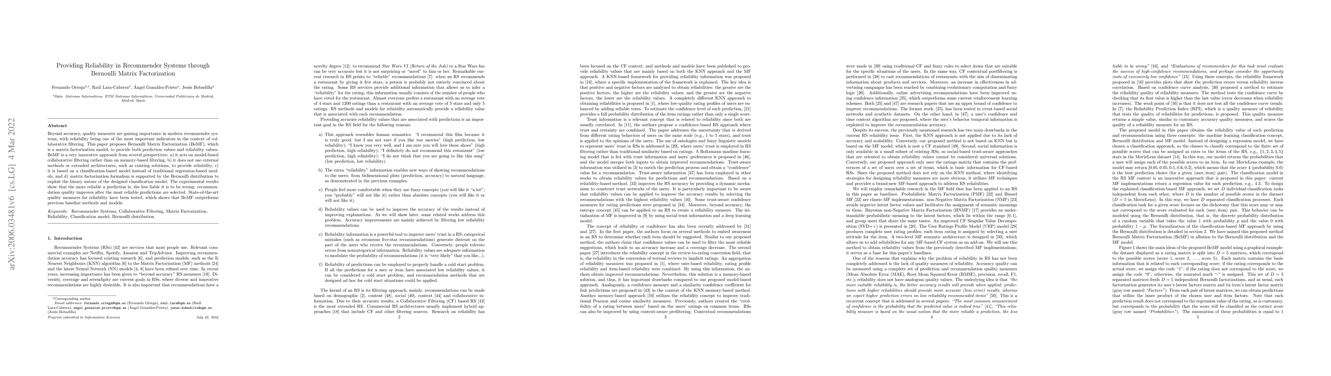 Thumbnail for Providing reliability in Recommender Systems through Bernoulli Matrix
  Factorization