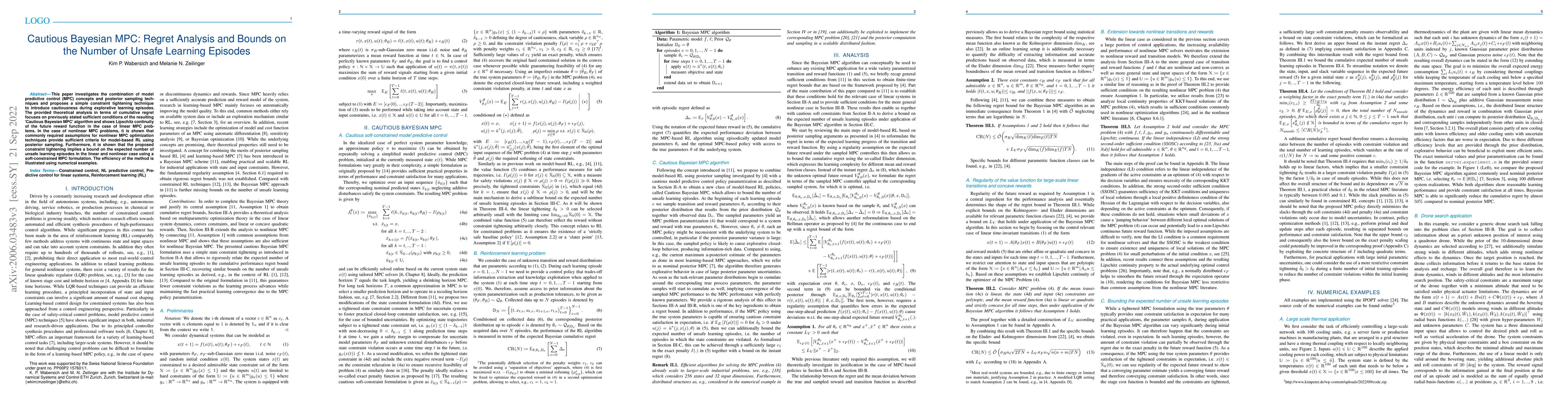 Thumbnail for Cautious Bayesian MPC: Regret Analysis and Bounds on the Number of
  Unsafe Learning Episodes
