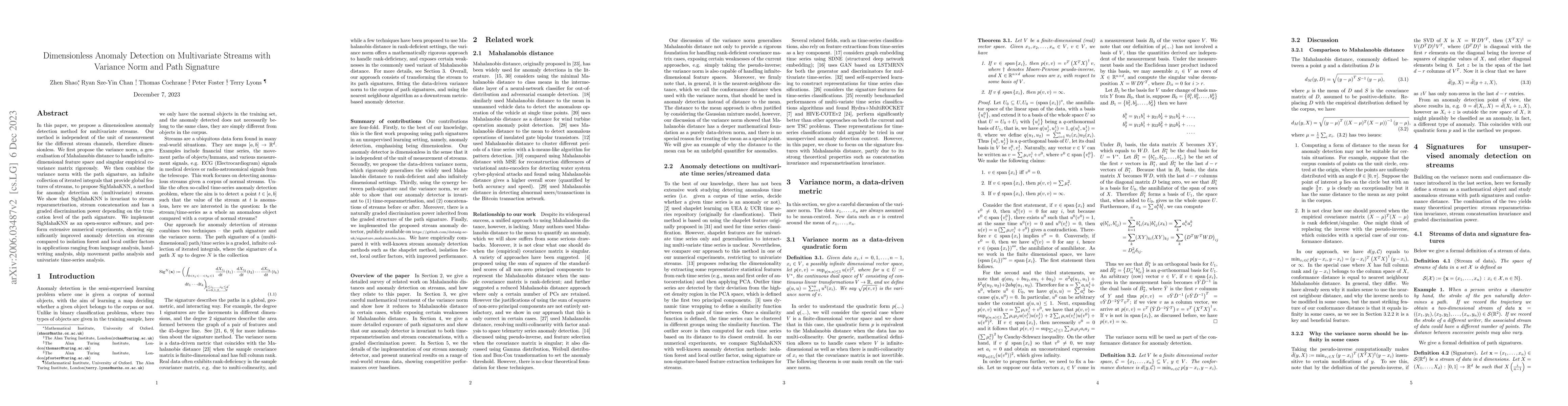 Thumbnail for Dimensionless Anomaly Detection on Multivariate Streams with Variance
  Norm and Path Signature