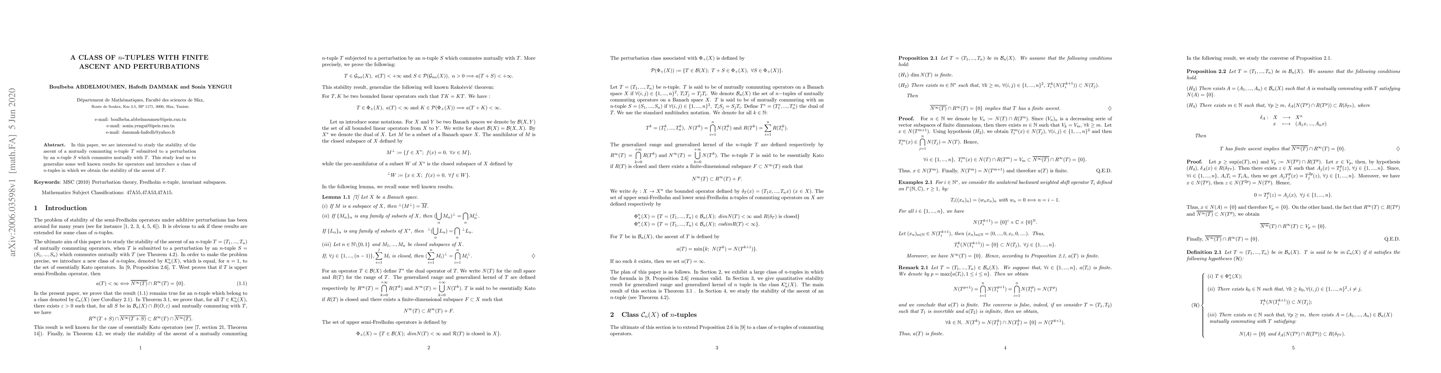 Thumbnail for A Class of n-Tuples with Finite Ascent and Peturbations