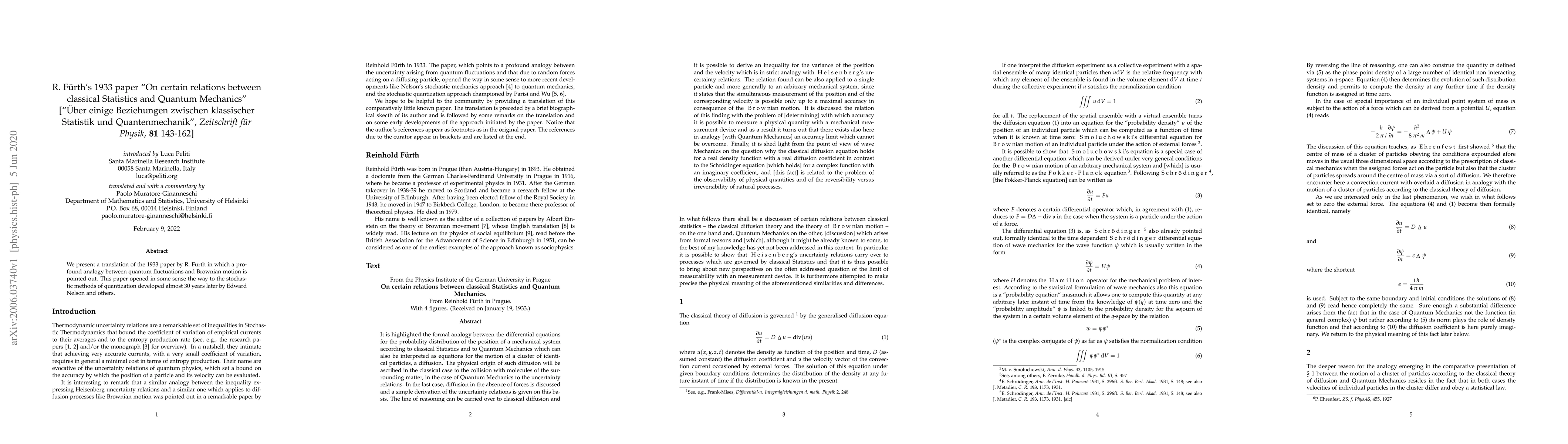 Thumbnail for R. F\"urth's 1933 paper "On certain relations between classical
  Statistics and Quantum Mechanics" ["\"Uber einige Beziehungen zwischen
  klassischer Statistik und Quantenmechanik", \textit{Zeitschrift f\"ur
  Physik,} \textbf{81} 143-162]