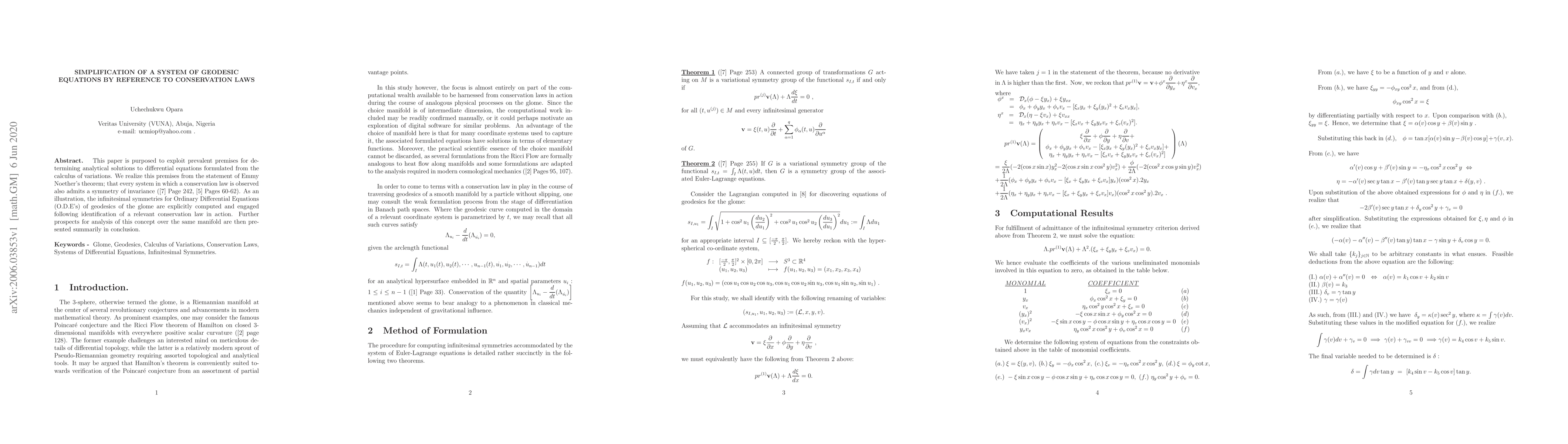 Thumbnail for Simplification of a System of Geodesic Equations by Reference to
  Conservation Laws