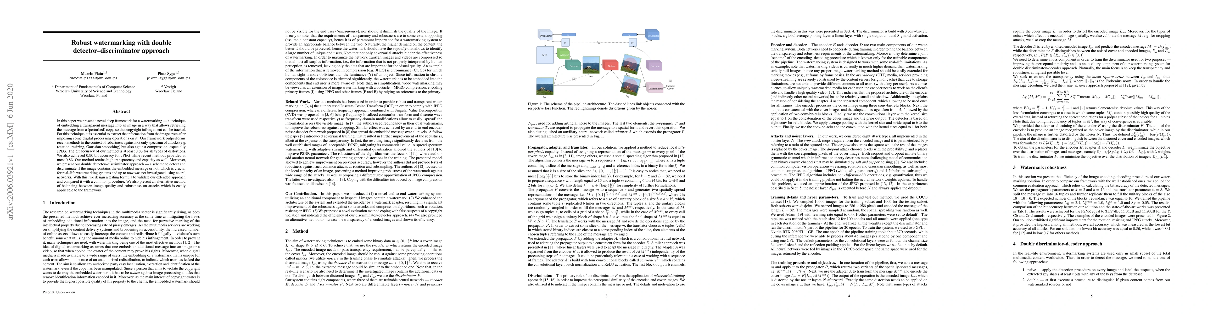Thumbnail for Robust watermarking with double detector-discriminator approach